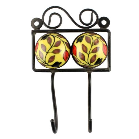 Mustard With Brown Leaf Ceramic Floral Tile Hook